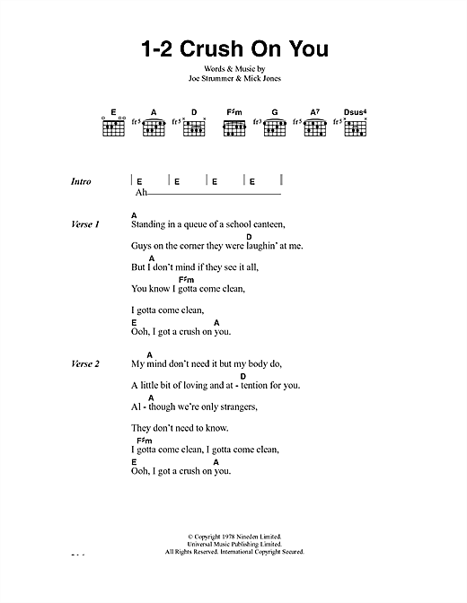 Preview The Clash 1-2 Crush On You Rock sheet music, notes and chords for Lyrics & Chords, SKU: 41004 sheet music, piano notes, chords, guitar tabs, score, transpose, transcribe, how to play, guide, download, learn, tutorial, progression, song, artist, awards, billboard, mtv, vh1, tour, single, album, release