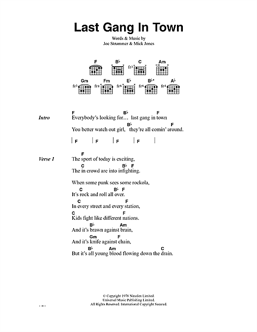 Preview The Clash Last Gang In Town Rock sheet music, notes and chords for Lyrics & Chords, SKU: 41005 sheet music, piano notes, chords, guitar tabs, score, transpose, transcribe, how to play, guide, download, learn, tutorial, progression, song, artist, awards, billboard, mtv, vh1, tour, single, album, release