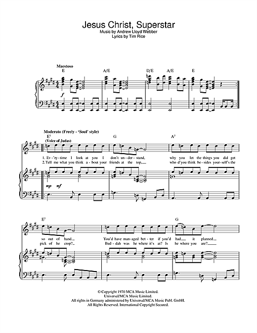 Preview Andrew Lloyd Webber Jesus Christ, Superstar Musicals sheet music, notes and chords for Piano, Vocal & Guitar (Right-Hand Melody), SKU: 41015 sheet music, piano notes, chords, guitar tabs, score, transpose, transcribe, how to play, guide, download, learn, tutorial, progression, song, artist, awards, billboard, mtv, vh1, tour, single, album, release