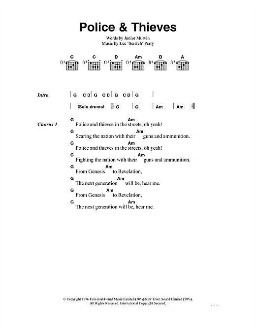 Preview The Clash Police And Thieves Rock sheet music, notes and chords for Lyrics & Chords, SKU: 41017 sheet music, piano notes, chords, guitar tabs, score, transpose, transcribe, how to play, guide, download, learn, tutorial, progression, song, artist, awards, billboard, mtv, vh1, tour, single, album, release