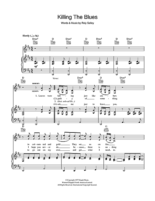 Preview Robert Plant and Alison Krauss Killing The Blues Country sheet music, notes and chords for Piano, Vocal & Guitar (Right-Hand Melody), SKU: 41028 sheet music, piano notes, chords, guitar tabs, score, transpose, transcribe, how to play, guide, download, learn, tutorial, progression, song, artist, awards, billboard, mtv, vh1, tour, single, album, release