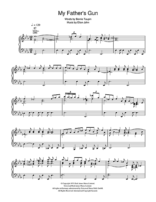 Preview Elton John My Father's Gun Rock sheet music, notes and chords for Piano, Vocal & Guitar, SKU: 41035 sheet music, piano notes, chords, guitar tabs, score, transpose, transcribe, how to play, guide, download, learn, tutorial, progression, song, artist, awards, billboard, mtv, vh1, tour, single, album, release