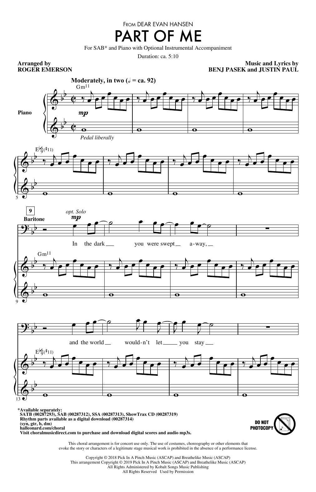 Preview Pasek & Paul Part Of Me (from Dear Evan Hansen) (arr. Roger Emerson) Broadway sheet music, notes and chords for SAB Choir, SKU: 410360 sheet music, piano notes, chords, guitar tabs, score, transpose, transcribe, how to play, guide, download, learn, tutorial, progression, song, artist, awards, billboard, mtv, vh1, tour, single, album, release