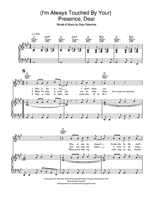 Preview Blondie (I'm Always Touched By Your) Presence Dear Rock sheet music, notes and chords for Piano, Vocal & Guitar (Right-Hand Melody), SKU: 41039 sheet music, piano notes, chords, guitar tabs, score, transpose, transcribe, how to play, guide, download, learn, tutorial, progression, song, artist, awards, billboard, mtv, vh1, tour, single, album, release