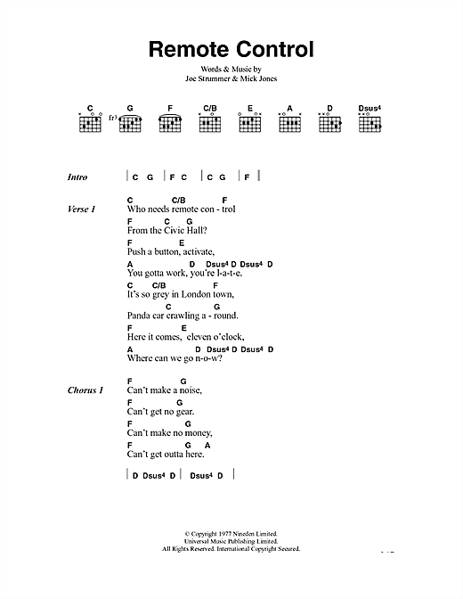 Preview The Clash Remote Control Rock sheet music, notes and chords for Lyrics & Chords, SKU: 41060 sheet music, piano notes, chords, guitar tabs, score, transpose, transcribe, how to play, guide, download, learn, tutorial, progression, song, artist, awards, billboard, mtv, vh1, tour, single, album, release