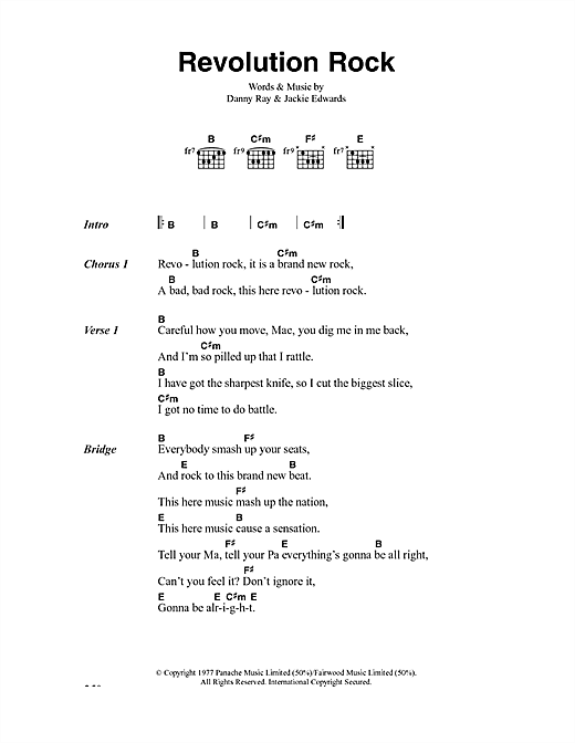 Preview The Clash Revolution Rock Rock sheet music, notes and chords for Lyrics & Chords, SKU: 41062 sheet music, piano notes, chords, guitar tabs, score, transpose, transcribe, how to play, guide, download, learn, tutorial, progression, song, artist, awards, billboard, mtv, vh1, tour, single, album, release