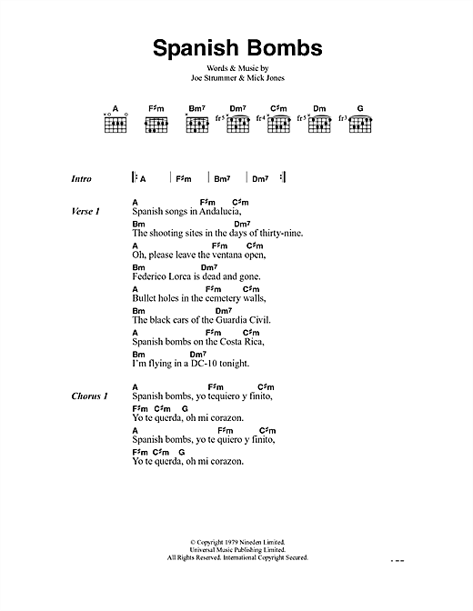 Preview The Clash Spanish Bombs Rock sheet music, notes and chords for Lyrics & Chords, SKU: 41065 sheet music, piano notes, chords, guitar tabs, score, transpose, transcribe, how to play, guide, download, learn, tutorial, progression, song, artist, awards, billboard, mtv, vh1, tour, single, album, release