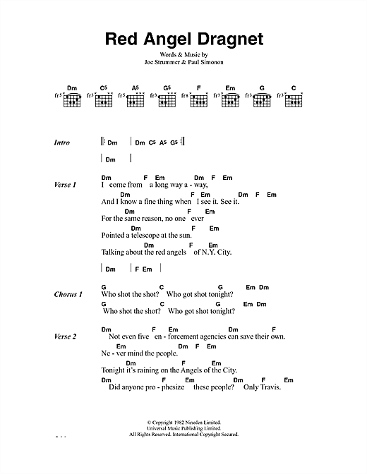 Preview The Clash Red Angel Dragnet Rock sheet music, notes and chords for Lyrics & Chords, SKU: 41068 sheet music, piano notes, chords, guitar tabs, score, transpose, transcribe, how to play, guide, download, learn, tutorial, progression, song, artist, awards, billboard, mtv, vh1, tour, single, album, release