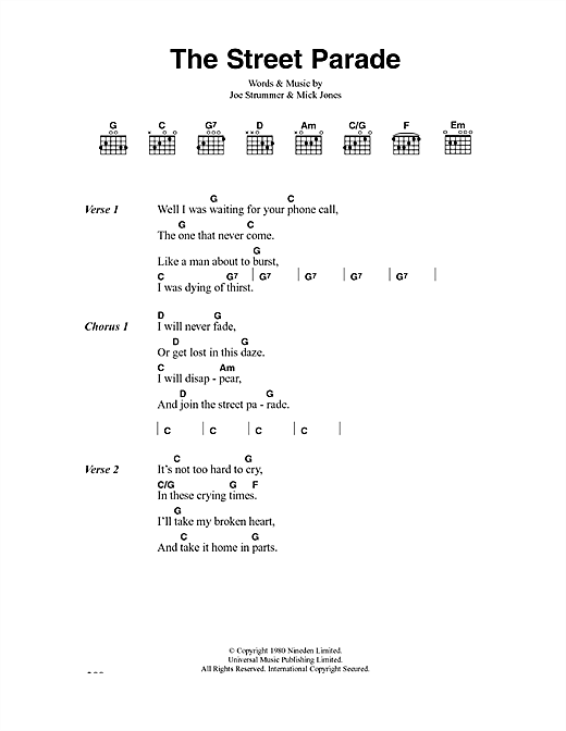 Preview The Clash The Street Parade Rock sheet music, notes and chords for Lyrics & Chords, SKU: 41070 sheet music, piano notes, chords, guitar tabs, score, transpose, transcribe, how to play, guide, download, learn, tutorial, progression, song, artist, awards, billboard, mtv, vh1, tour, single, album, release