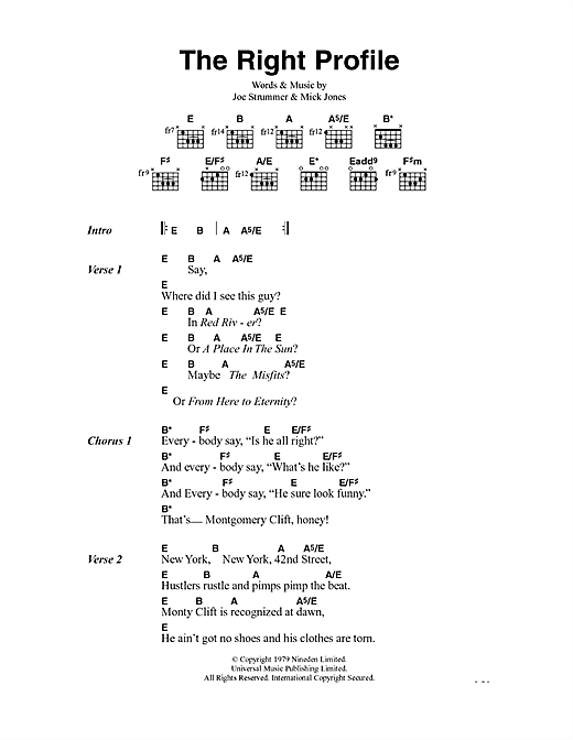 Preview The Clash The Right Profile Rock sheet music, notes and chords for Lyrics & Chords, SKU: 41074 sheet music, piano notes, chords, guitar tabs, score, transpose, transcribe, how to play, guide, download, learn, tutorial, progression, song, artist, awards, billboard, mtv, vh1, tour, single, album, release