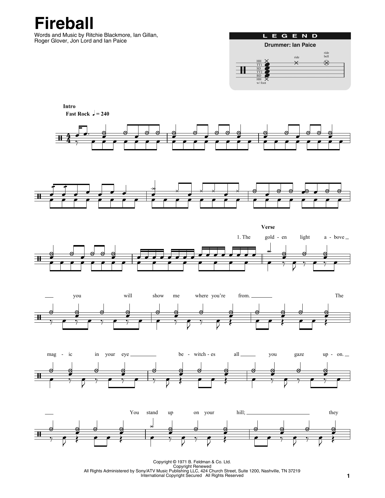 Preview Deep Purple Fireball Rock sheet music, notes and chords for Drums Transcription, SKU: 411035 sheet music, piano notes, chords, guitar tabs, score, transpose, transcribe, how to play, guide, download, learn, tutorial, progression, song, artist, awards, billboard, mtv, vh1, tour, single, album, release