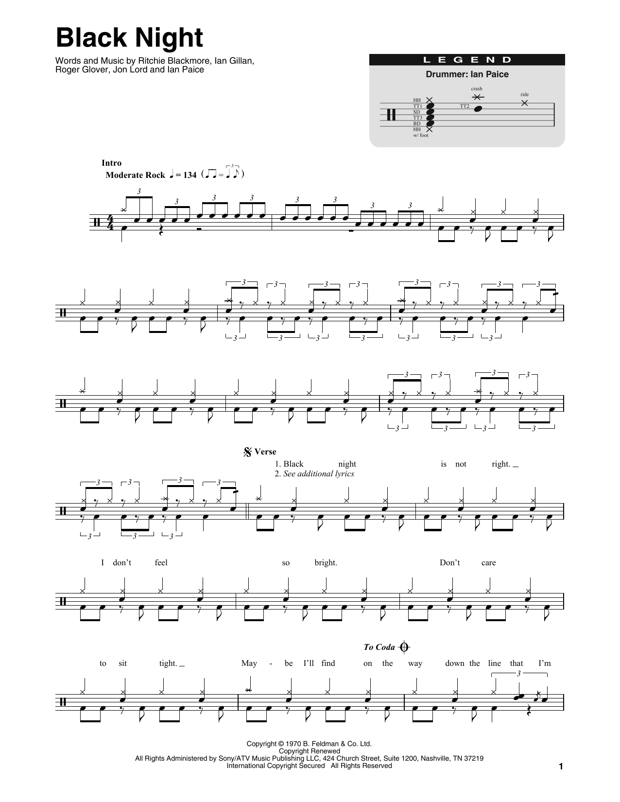 Preview Deep Purple Black Night Rock sheet music, notes and chords for Drums Transcription, SKU: 411037 sheet music, piano notes, chords, guitar tabs, score, transpose, transcribe, how to play, guide, download, learn, tutorial, progression, song, artist, awards, billboard, mtv, vh1, tour, single, album, release
