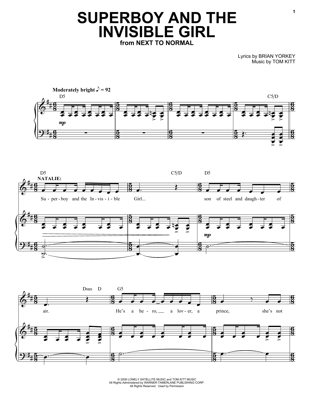 Preview Aaron Tveit Superboy And The Invisible Girl (from Next to Normal) Broadway sheet music, notes and chords for Piano & Vocal, SKU: 411095 sheet music, piano notes, chords, guitar tabs, score, transpose, transcribe, how to play, guide, download, learn, tutorial, progression, song, artist, awards, billboard, mtv, vh1, tour, single, album, release