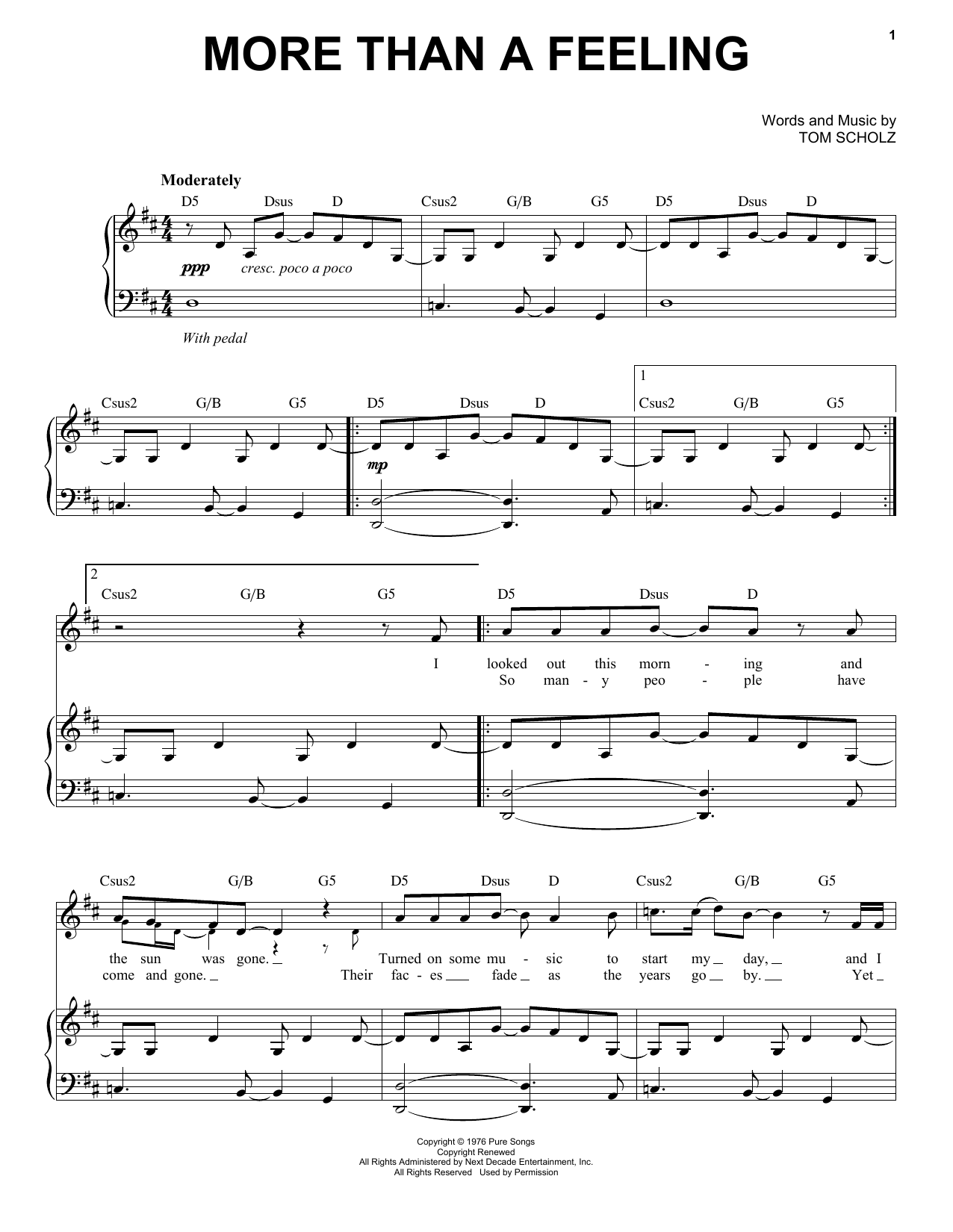 Preview Boston More Than A Feeling Rock sheet music, notes and chords for Piano & Vocal, SKU: 411109 sheet music, piano notes, chords, guitar tabs, score, transpose, transcribe, how to play, guide, download, learn, tutorial, progression, song, artist, awards, billboard, mtv, vh1, tour, single, album, release