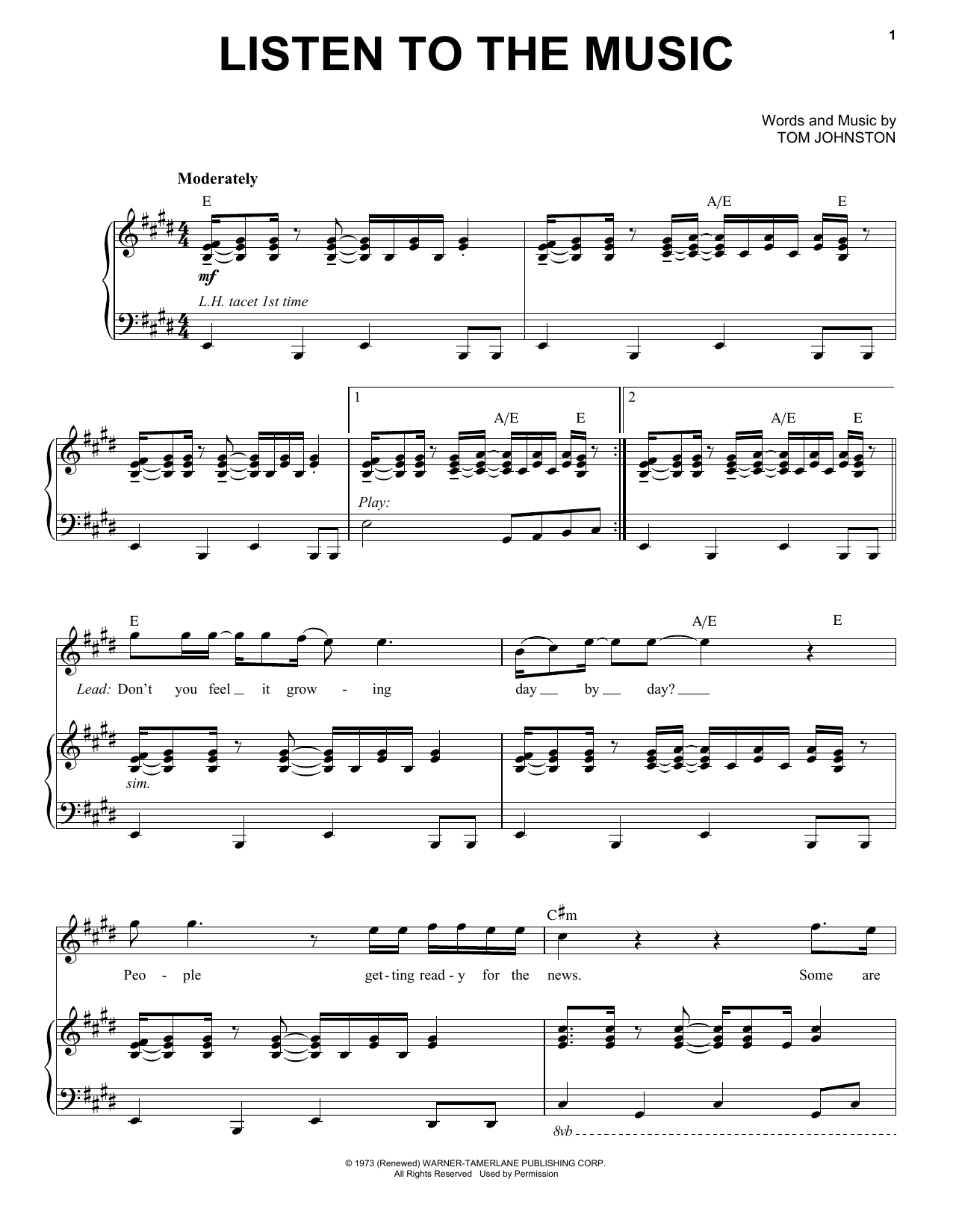 Preview The Doobie Brothers Listen To The Music Pop sheet music, notes and chords for Piano & Vocal, SKU: 411110 sheet music, piano notes, chords, guitar tabs, score, transpose, transcribe, how to play, guide, download, learn, tutorial, progression, song, artist, awards, billboard, mtv, vh1, tour, single, album, release