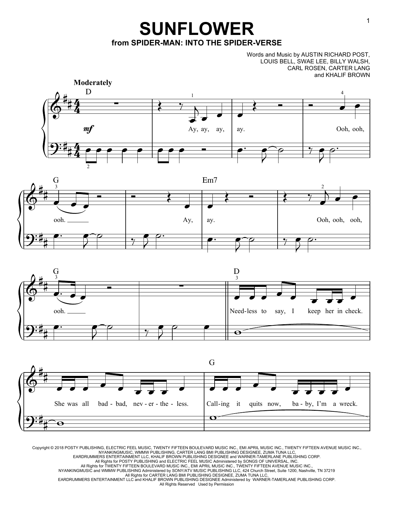 Preview Post Malone & Swae Lee Sunflower (from Spider-Man: Into The Spider-Verse) Pop sheet music, notes and chords for Very Easy Piano, SKU: 411130 sheet music, piano notes, chords, guitar tabs, score, transpose, transcribe, how to play, guide, download, learn, tutorial, progression, song, artist, awards, billboard, mtv, vh1, tour, single, album, release