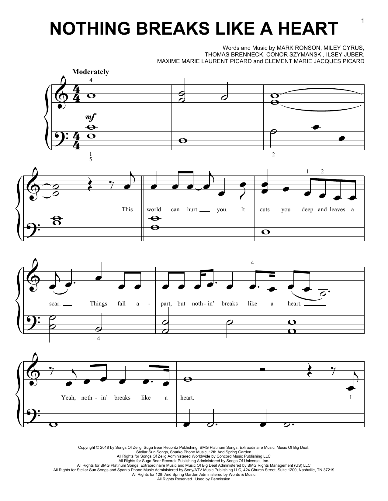 Preview Mark Ronson Nothing Breaks Like A Heart (feat. Miley Cyrus) Pop sheet music, notes and chords for Big Note Piano, SKU: 411133 sheet music, piano notes, chords, guitar tabs, score, transpose, transcribe, how to play, guide, download, learn, tutorial, progression, song, artist, awards, billboard, mtv, vh1, tour, single, album, release