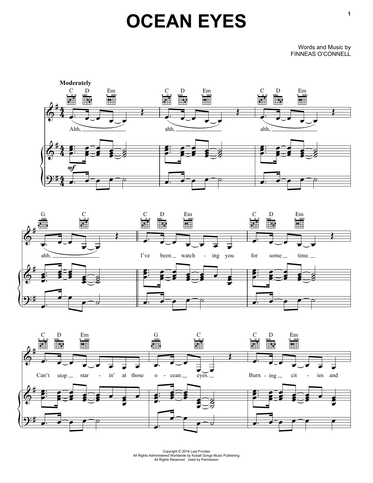 Preview Billie Eilish Ocean Eyes Pop sheet music, notes and chords for Piano, Vocal & Guitar (Right-Hand Melody), SKU: 411529 sheet music, piano notes, chords, guitar tabs, score, transpose, transcribe, how to play, guide, download, learn, tutorial, progression, song, artist, awards, billboard, mtv, vh1, tour, single, album, release