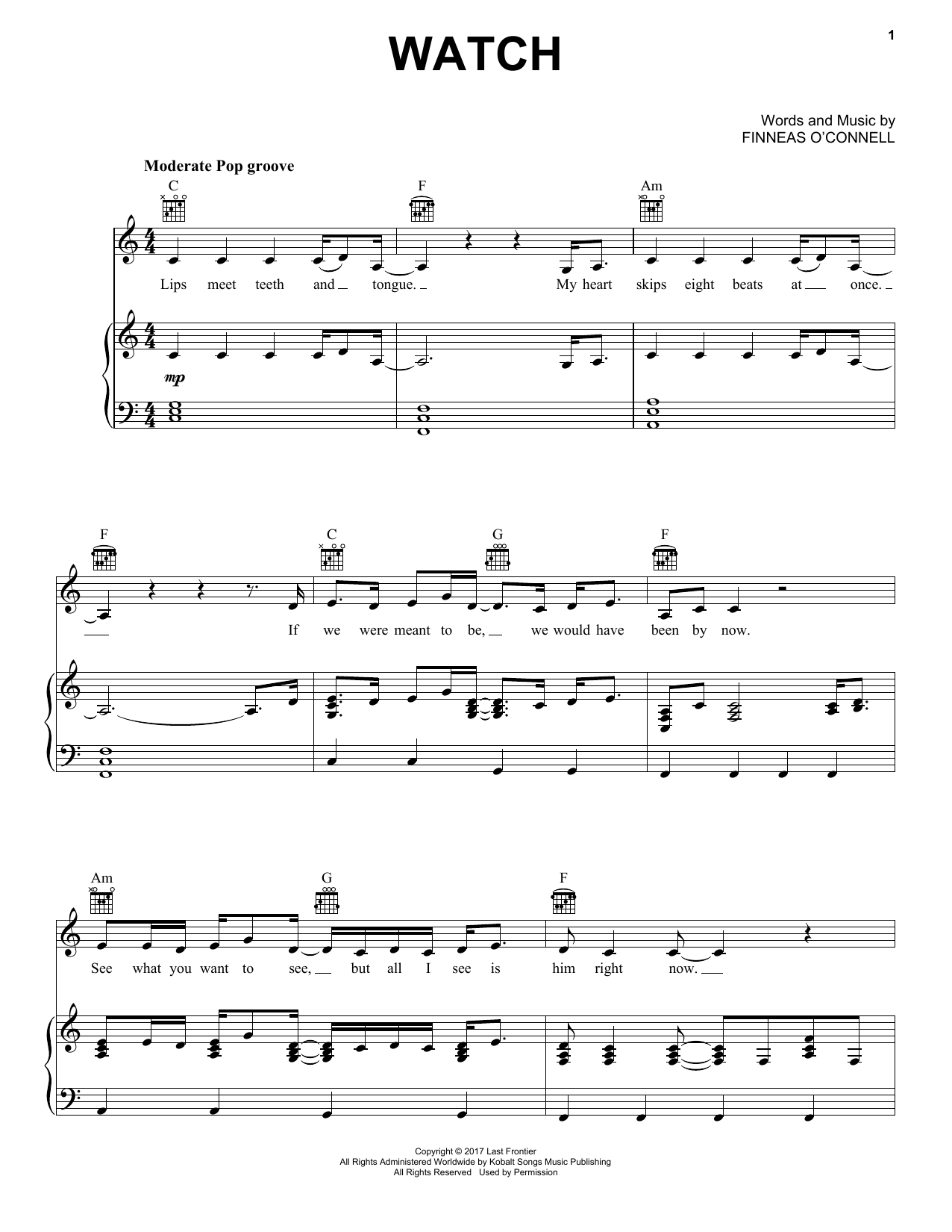 Preview Billie Eilish Watch Pop sheet music, notes and chords for Piano, Vocal & Guitar (Right-Hand Melody), SKU: 411537 sheet music, piano notes, chords, guitar tabs, score, transpose, transcribe, how to play, guide, download, learn, tutorial, progression, song, artist, awards, billboard, mtv, vh1, tour, single, album, release
