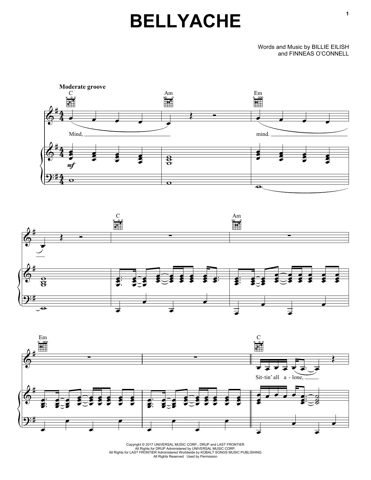 Preview Billie Eilish Bellyache Pop sheet music, notes and chords for Piano, Vocal & Guitar (Right-Hand Melody), SKU: 411539 sheet music, piano notes, chords, guitar tabs, score, transpose, transcribe, how to play, guide, download, learn, tutorial, progression, song, artist, awards, billboard, mtv, vh1, tour, single, album, release