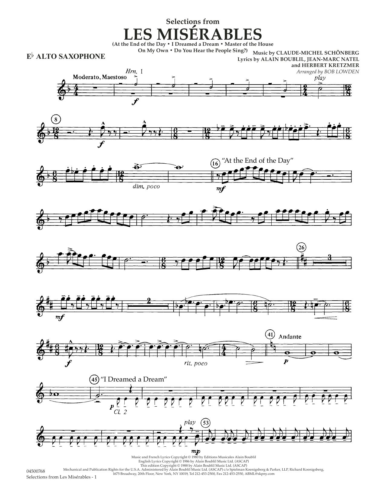 Preview Claude-Michael Schonberg Selections from Les Miserables (arr. Bob Lowden) - Eb Alto Saxophone Broadway sheet music, notes and chords for Full Orchestra, SKU: 411679 sheet music, piano notes, chords, guitar tabs, score, transpose, transcribe, how to play, guide, download, learn, tutorial, progression, song, artist, awards, billboard, mtv, vh1, tour, single, album, release
