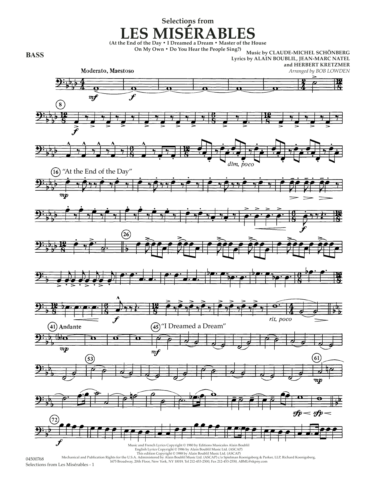 Preview Claude-Michael Schonberg Selections from Les Miserables (arr. Bob Lowden) - Bass Broadway sheet music, notes and chords for Full Orchestra, SKU: 411698 sheet music, piano notes, chords, guitar tabs, score, transpose, transcribe, how to play, guide, download, learn, tutorial, progression, song, artist, awards, billboard, mtv, vh1, tour, single, album, release