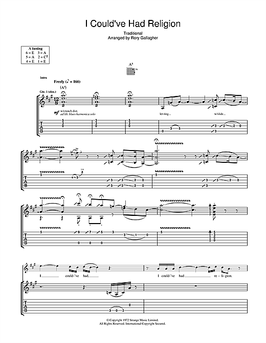 Preview Rory Gallagher I Could've Had Religion Traditional sheet music, notes and chords for Guitar Tab, SKU: 41178 sheet music, piano notes, chords, guitar tabs, score, transpose, transcribe, how to play, guide, download, learn, tutorial, progression, song, artist, awards, billboard, mtv, vh1, tour, single, album, release