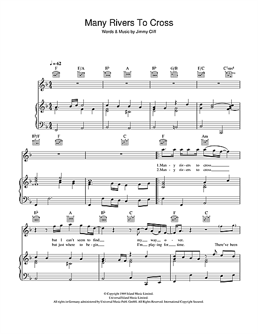 Preview Jimmy Cliff Many Rivers To Cross Reggae sheet music, notes and chords for Piano, Vocal & Guitar, SKU: 41180 sheet music, piano notes, chords, guitar tabs, score, transpose, transcribe, how to play, guide, download, learn, tutorial, progression, song, artist, awards, billboard, mtv, vh1, tour, single, album, release