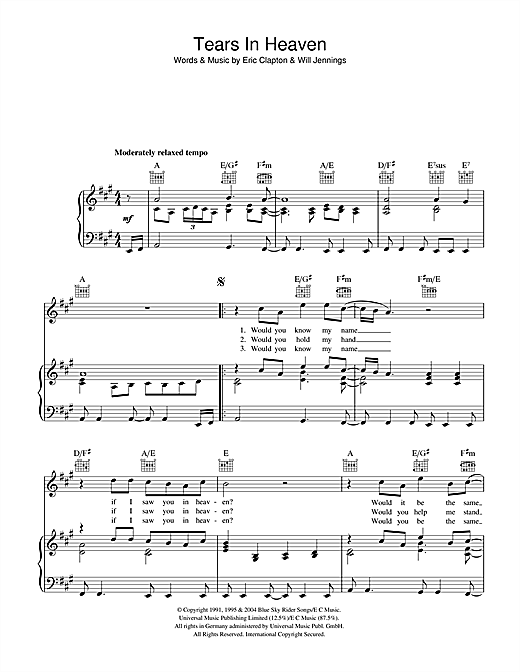 Preview Eric Clapton Tears In Heaven Rock sheet music, notes and chords for Piano, Vocal & Guitar (Right-Hand Melody), SKU: 41183 sheet music, piano notes, chords, guitar tabs, score, transpose, transcribe, how to play, guide, download, learn, tutorial, progression, song, artist, awards, billboard, mtv, vh1, tour, single, album, release