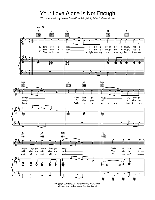 Preview Manic Street Preachers Your Love Alone Is Not Enough Rock sheet music, notes and chords for Piano, Vocal & Guitar, SKU: 41186 sheet music, piano notes, chords, guitar tabs, score, transpose, transcribe, how to play, guide, download, learn, tutorial, progression, song, artist, awards, billboard, mtv, vh1, tour, single, album, release