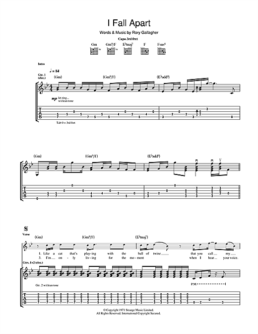Preview Rory Gallagher I Fall Apart Rock sheet music, notes and chords for Guitar Tab, SKU: 41199 sheet music, piano notes, chords, guitar tabs, score, transpose, transcribe, how to play, guide, download, learn, tutorial, progression, song, artist, awards, billboard, mtv, vh1, tour, single, album, release