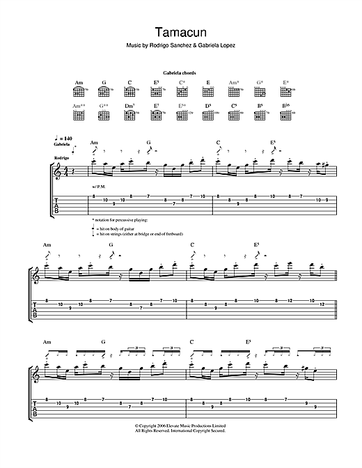 Preview Rodrigo y Gabriela Tamacun Pop sheet music, notes and chords for Guitar Tab, SKU: 41217 sheet music, piano notes, chords, guitar tabs, score, transpose, transcribe, how to play, guide, download, learn, tutorial, progression, song, artist, awards, billboard, mtv, vh1, tour, single, album, release