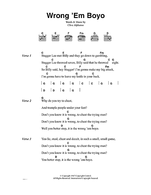 Preview The Clash Wrong 'Em Boyo Rock sheet music, notes and chords for Lyrics & Chords, SKU: 41228 sheet music, piano notes, chords, guitar tabs, score, transpose, transcribe, how to play, guide, download, learn, tutorial, progression, song, artist, awards, billboard, mtv, vh1, tour, single, album, release