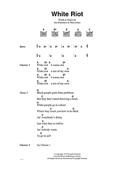 Preview The Clash White Riot Rock sheet music, notes and chords for Lyrics & Chords, SKU: 41229 sheet music, piano notes, chords, guitar tabs, score, transpose, transcribe, how to play, guide, download, learn, tutorial, progression, song, artist, awards, billboard, mtv, vh1, tour, single, album, release