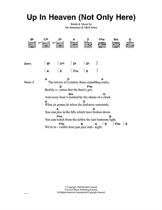 Preview The Clash Up In Heaven (Not Only Here) Rock sheet music, notes and chords for Lyrics & Chords, SKU: 41232 sheet music, piano notes, chords, guitar tabs, score, transpose, transcribe, how to play, guide, download, learn, tutorial, progression, song, artist, awards, billboard, mtv, vh1, tour, single, album, release