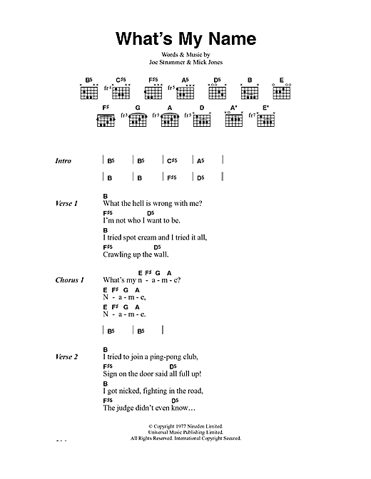 Preview The Clash What's My Name Rock sheet music, notes and chords for Lyrics & Chords, SKU: 41233 sheet music, piano notes, chords, guitar tabs, score, transpose, transcribe, how to play, guide, download, learn, tutorial, progression, song, artist, awards, billboard, mtv, vh1, tour, single, album, release