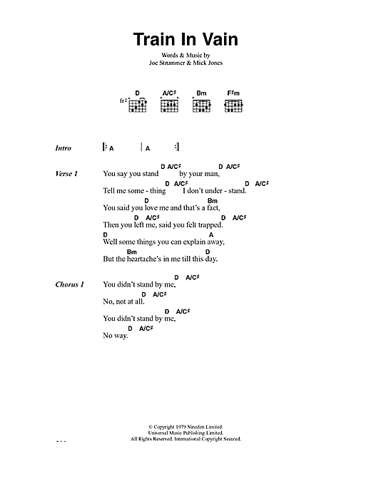 Preview The Clash Train In Vain Rock sheet music, notes and chords for Lyrics & Chords, SKU: 41234 sheet music, piano notes, chords, guitar tabs, score, transpose, transcribe, how to play, guide, download, learn, tutorial, progression, song, artist, awards, billboard, mtv, vh1, tour, single, album, release