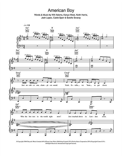 Preview Estelle American Boy (feat. Kanye West) R & B sheet music, notes and chords for Piano, Vocal & Guitar, SKU: 41235 sheet music, piano notes, chords, guitar tabs, score, transpose, transcribe, how to play, guide, download, learn, tutorial, progression, song, artist, awards, billboard, mtv, vh1, tour, single, album, release