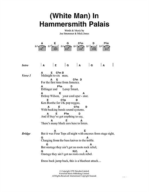 Preview The Clash White Man In Hammersmith Palais Rock sheet music, notes and chords for Lyrics & Chords, SKU: 41237 sheet music, piano notes, chords, guitar tabs, score, transpose, transcribe, how to play, guide, download, learn, tutorial, progression, song, artist, awards, billboard, mtv, vh1, tour, single, album, release