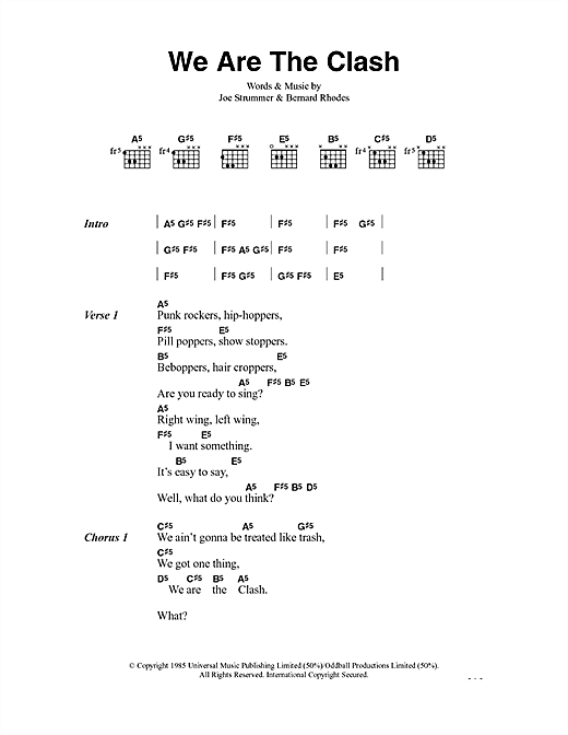 Preview The Clash We Are The Clash Rock sheet music, notes and chords for Lyrics & Chords, SKU: 41238 sheet music, piano notes, chords, guitar tabs, score, transpose, transcribe, how to play, guide, download, learn, tutorial, progression, song, artist, awards, billboard, mtv, vh1, tour, single, album, release