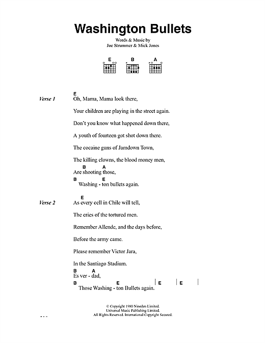 Preview The Clash Washington Bullets Rock sheet music, notes and chords for Lyrics & Chords, SKU: 41239 sheet music, piano notes, chords, guitar tabs, score, transpose, transcribe, how to play, guide, download, learn, tutorial, progression, song, artist, awards, billboard, mtv, vh1, tour, single, album, release