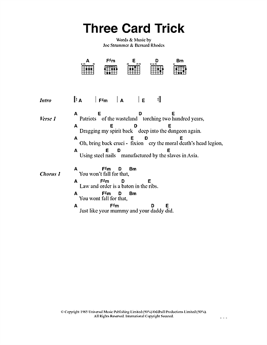 Preview The Clash Three Card Trick Rock sheet music, notes and chords for Lyrics & Chords, SKU: 41240 sheet music, piano notes, chords, guitar tabs, score, transpose, transcribe, how to play, guide, download, learn, tutorial, progression, song, artist, awards, billboard, mtv, vh1, tour, single, album, release