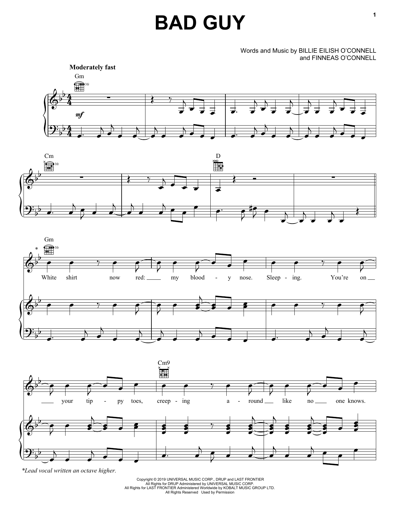 Preview Billie Eilish Bad Guy Pop sheet music, notes and chords for Piano, Vocal & Guitar (Right-Hand Melody), SKU: 412417 sheet music, piano notes, chords, guitar tabs, score, transpose, transcribe, how to play, guide, download, learn, tutorial, progression, song, artist, awards, billboard, mtv, vh1, tour, single, album, release