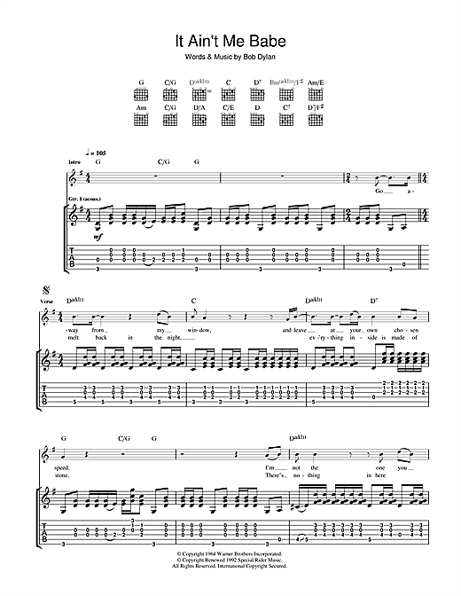 Preview Bob Dylan It Ain't Me Babe Folk sheet music, notes and chords for Guitar Tab, SKU: 41269 sheet music, piano notes, chords, guitar tabs, score, transpose, transcribe, how to play, guide, download, learn, tutorial, progression, song, artist, awards, billboard, mtv, vh1, tour, single, album, release