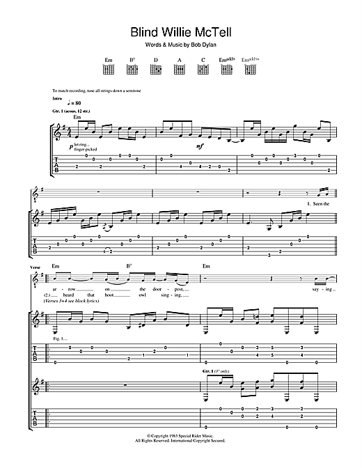 Preview Bob Dylan Blind Willie McTell Film and TV sheet music, notes and chords for Guitar Tab, SKU: 41273 sheet music, piano notes, chords, guitar tabs, score, transpose, transcribe, how to play, guide, download, learn, tutorial, progression, song, artist, awards, billboard, mtv, vh1, tour, single, album, release