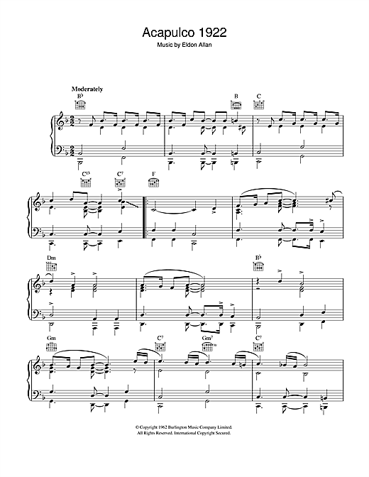 Preview Eldon Allan Acapulco 1922 Easy Listening sheet music, notes and chords for Piano, SKU: 41274 sheet music, piano notes, chords, guitar tabs, score, transpose, transcribe, how to play, guide, download, learn, tutorial, progression, song, artist, awards, billboard, mtv, vh1, tour, single, album, release