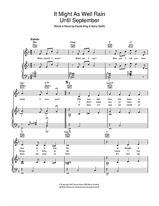 Preview Carole King It Might As Well Rain Until September Pop sheet music, notes and chords for Piano, Vocal & Guitar (Right-Hand Melody), SKU: 41276 sheet music, piano notes, chords, guitar tabs, score, transpose, transcribe, how to play, guide, download, learn, tutorial, progression, song, artist, awards, billboard, mtv, vh1, tour, single, album, release