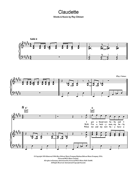 Preview Roy Orbison Claudette Pop sheet music, notes and chords for Piano, Vocal & Guitar (Right-Hand Melody), SKU: 41277 sheet music, piano notes, chords, guitar tabs, score, transpose, transcribe, how to play, guide, download, learn, tutorial, progression, song, artist, awards, billboard, mtv, vh1, tour, single, album, release