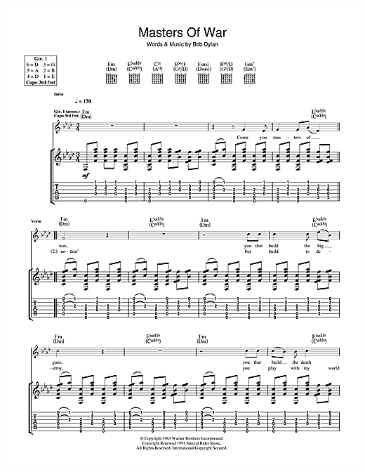 Preview Bob Dylan Masters Of War Folk sheet music, notes and chords for Guitar Tab, SKU: 41279 sheet music, piano notes, chords, guitar tabs, score, transpose, transcribe, how to play, guide, download, learn, tutorial, progression, song, artist, awards, billboard, mtv, vh1, tour, single, album, release