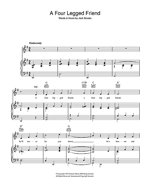 Preview Jack Brooks A Four Legged Friend Easy Listening sheet music, notes and chords for Piano, Vocal & Guitar (Right-Hand Melody), SKU: 41293 sheet music, piano notes, chords, guitar tabs, score, transpose, transcribe, how to play, guide, download, learn, tutorial, progression, song, artist, awards, billboard, mtv, vh1, tour, single, album, release